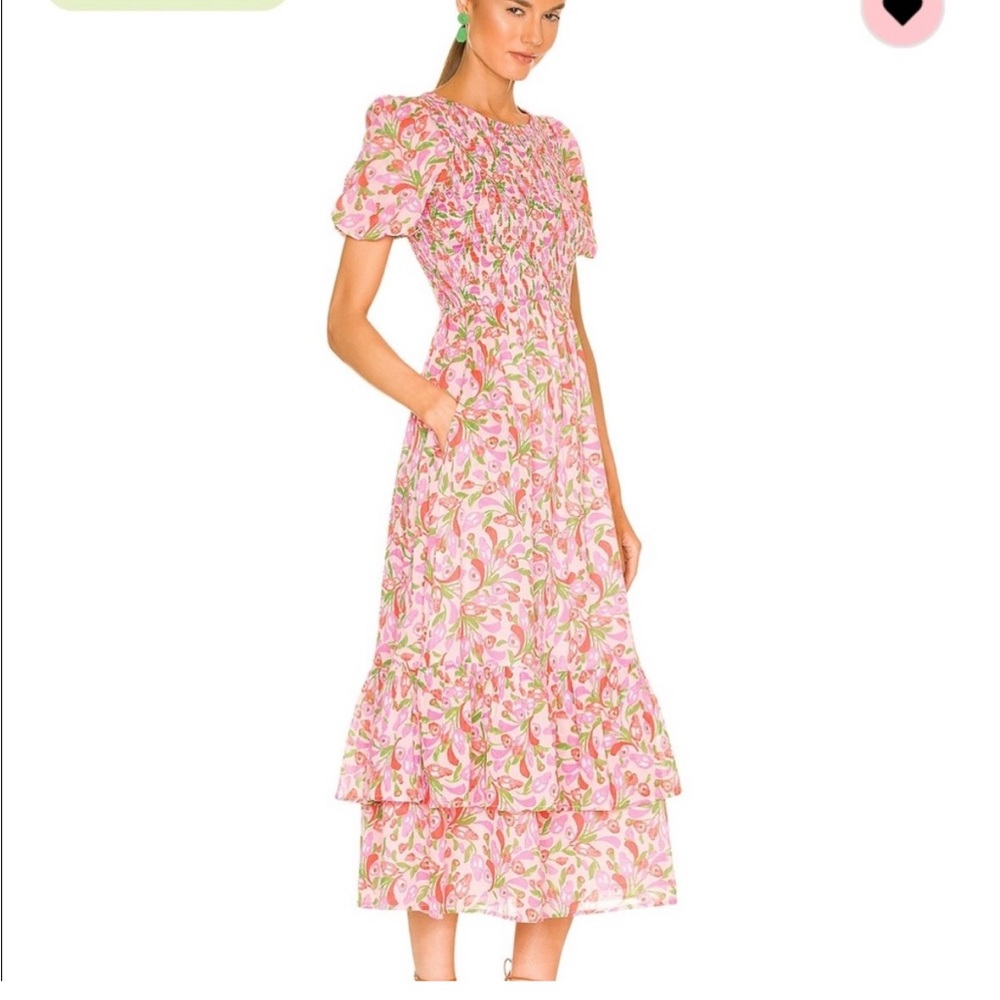 Banjanan X Revolve Quaint Dress - Pink and White Puff Sleeve Midi Dress